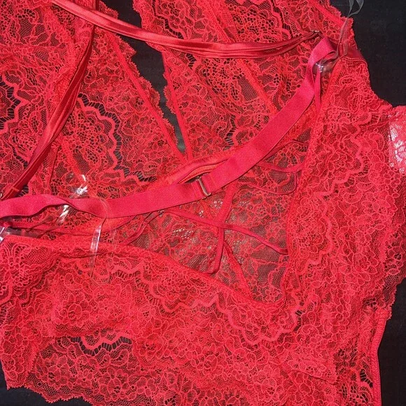 Victoria's Secret 38DDD BRA SET panty+XXL BABYDOLL+XL TEDDY BODYSUIT RED lace Bras